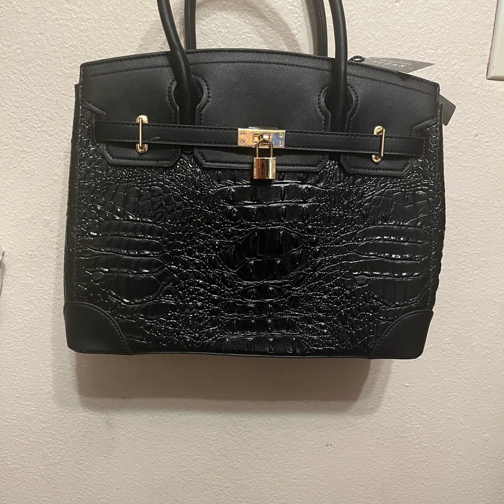 Black Crocodile-Embossed Crossbody Bag with Gold Hardware